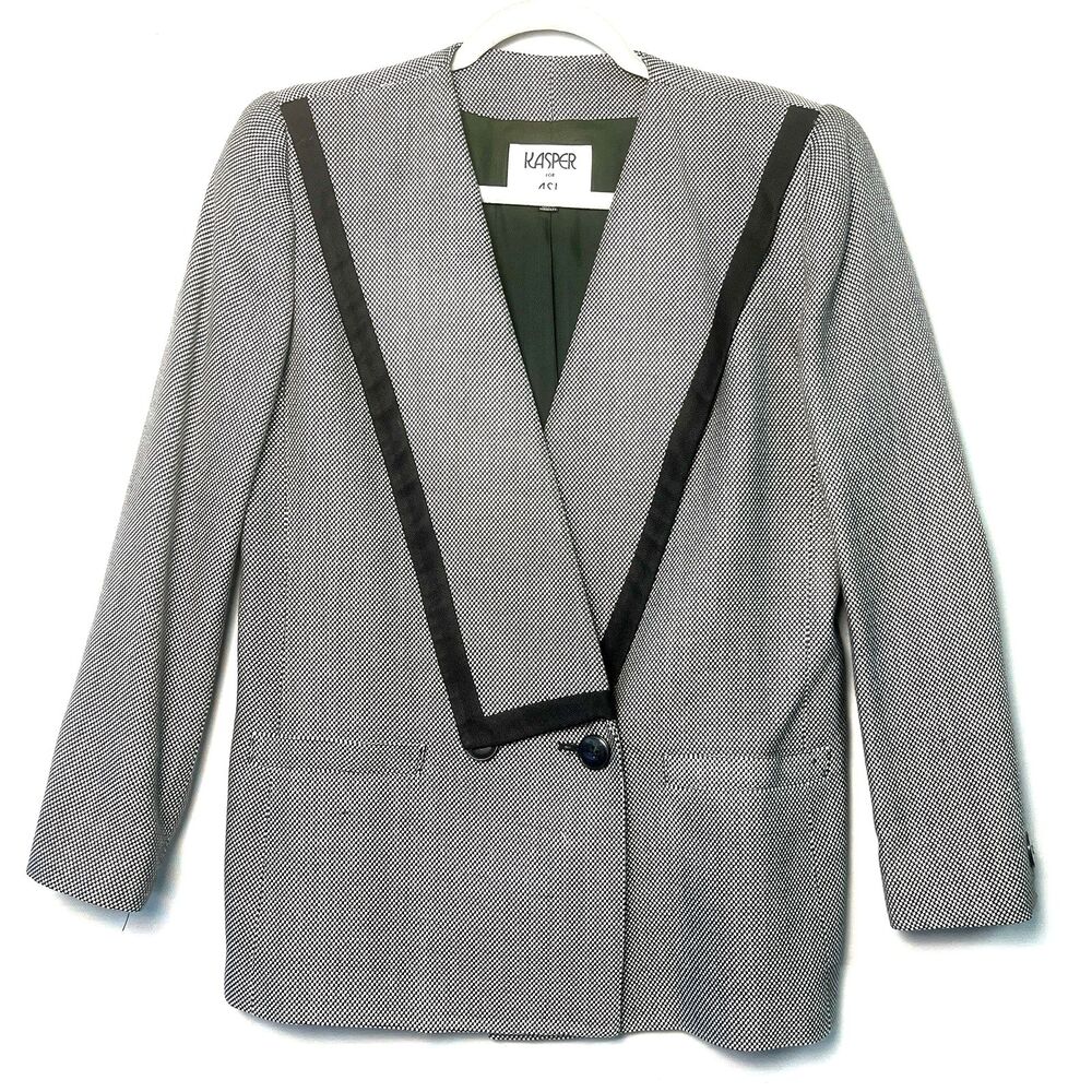 VTG Kasper Houndstooth 80s Ivy League Micro Plaid Double Breasted Blazer Rayon 8
